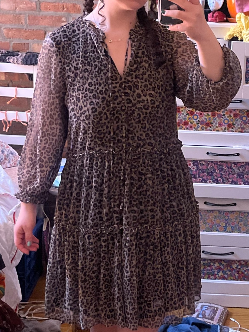 Just Taylor Leopard Print Tiered Chiffon Dress - Black/Brown